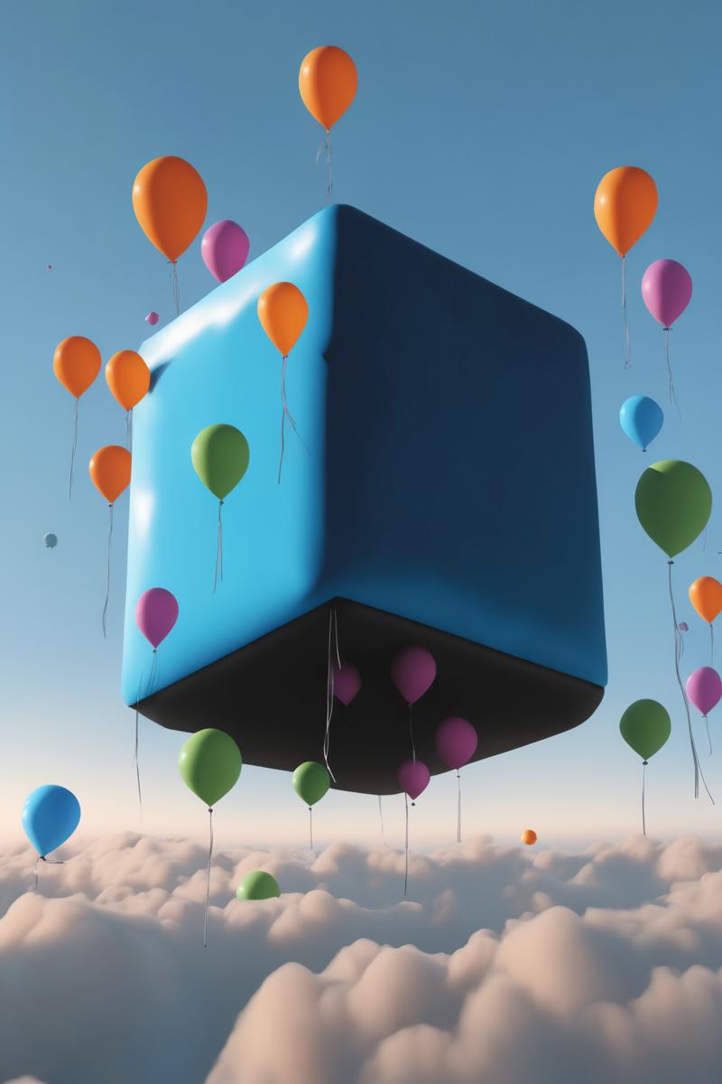 00359-4265280203-_lora_Levitating Cube_1_Levitating Cube - a levitating cube surrounded by floating balloons in the sky.png